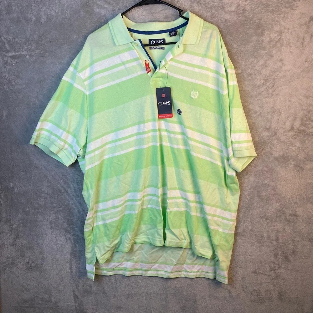 New with tags Chaps Natural Stretch men's polo shirt in size XXL. Green striped